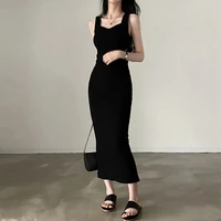 Myufon Basic Knit Long Dress Korean Fashion Square Collar Sleeveless Women's Dresses Summer Casual Y2k Vintage All-match Outftis