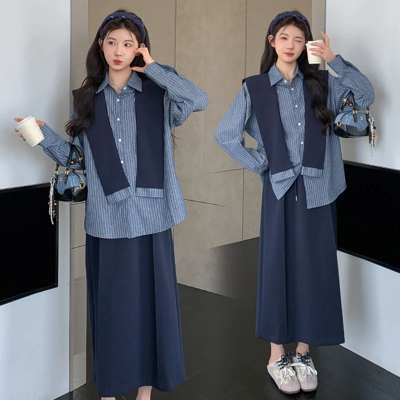 임산부 가을 긴팔 스트라이프 셔츠와 숄, 스커트 3피스 세트 루즈 캐주얼 패션 한국 스타일 레이지 바이브