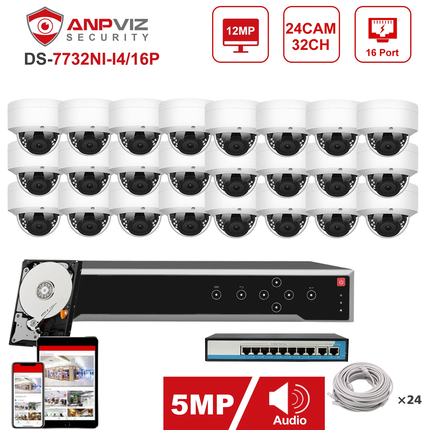 Anpviz NVR 32CH 4K Kit 24pcs 5MP POE IP Camera System Indoor/Outdoor IP Camera CCTV Security System IP66 30m Security Protection