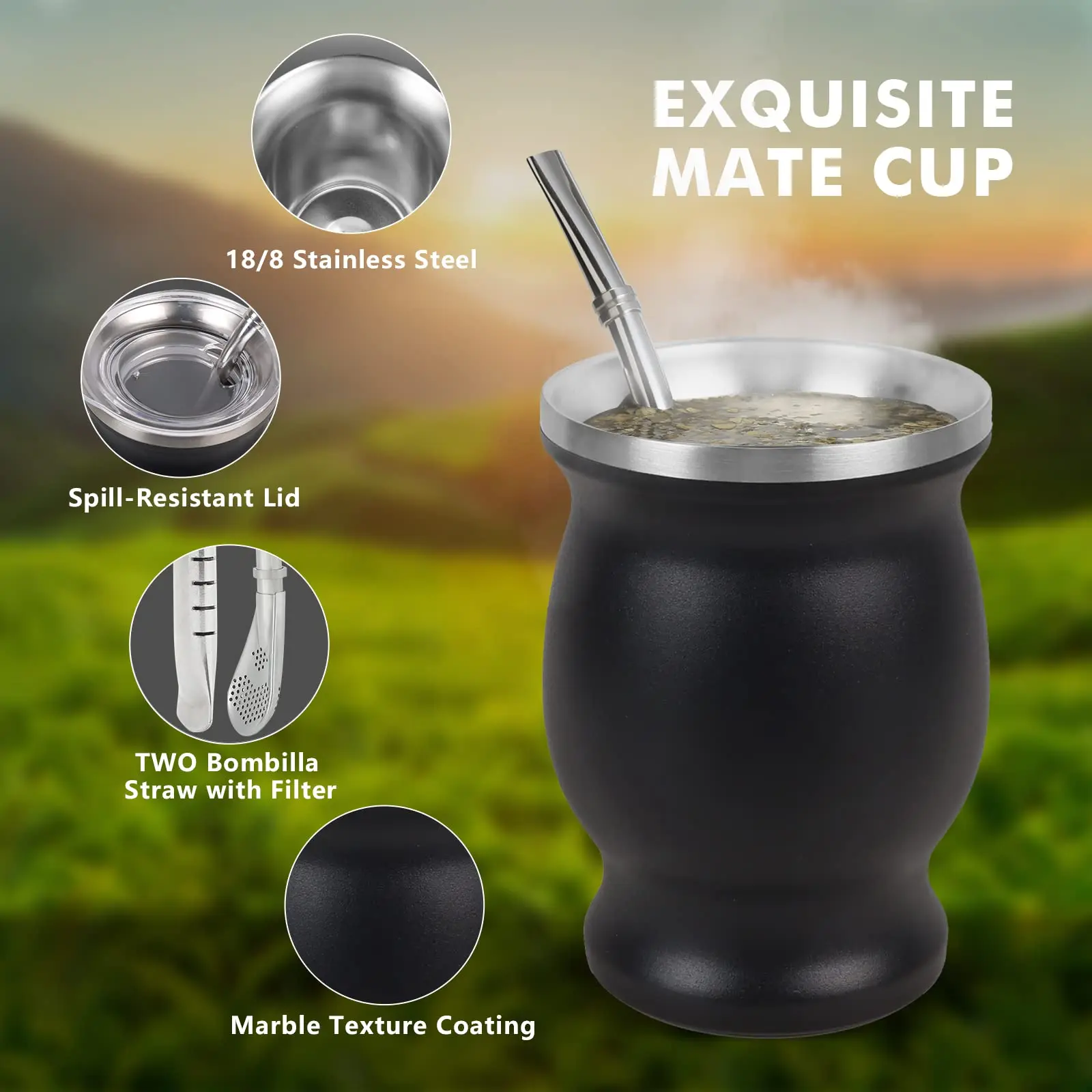 4Pcs Yerba Mate Cup Set 8Oz Stainless Steel Natural Gourd Modern Mate Cup Includes Yerba Straw and Cleaning Brush