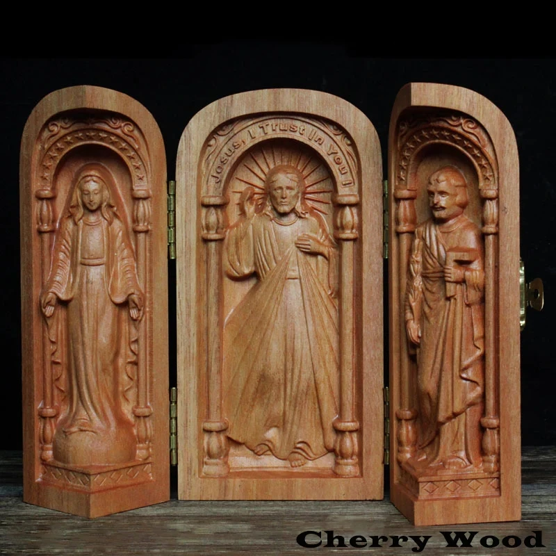 

Portable church mini Christian altar decoration Catholic holy objects three-box crafts ornaments Jesus statue Joseph Virgin Mary