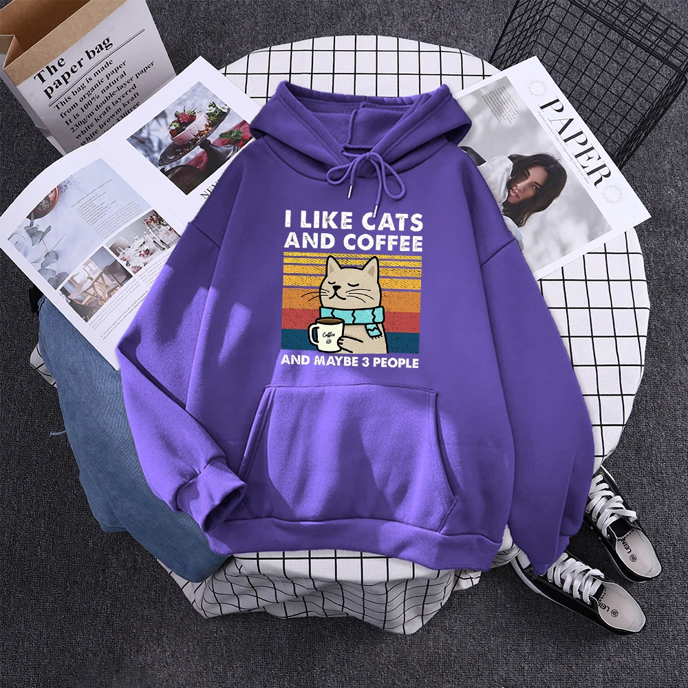 purple cat sweatshirt hoodie with funny print ' i like cats and coffee and maybe 3 people