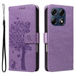 Cat Tree Embossed Leather Wallet Flip Case for Motorola Moto G06 (PURPLE)