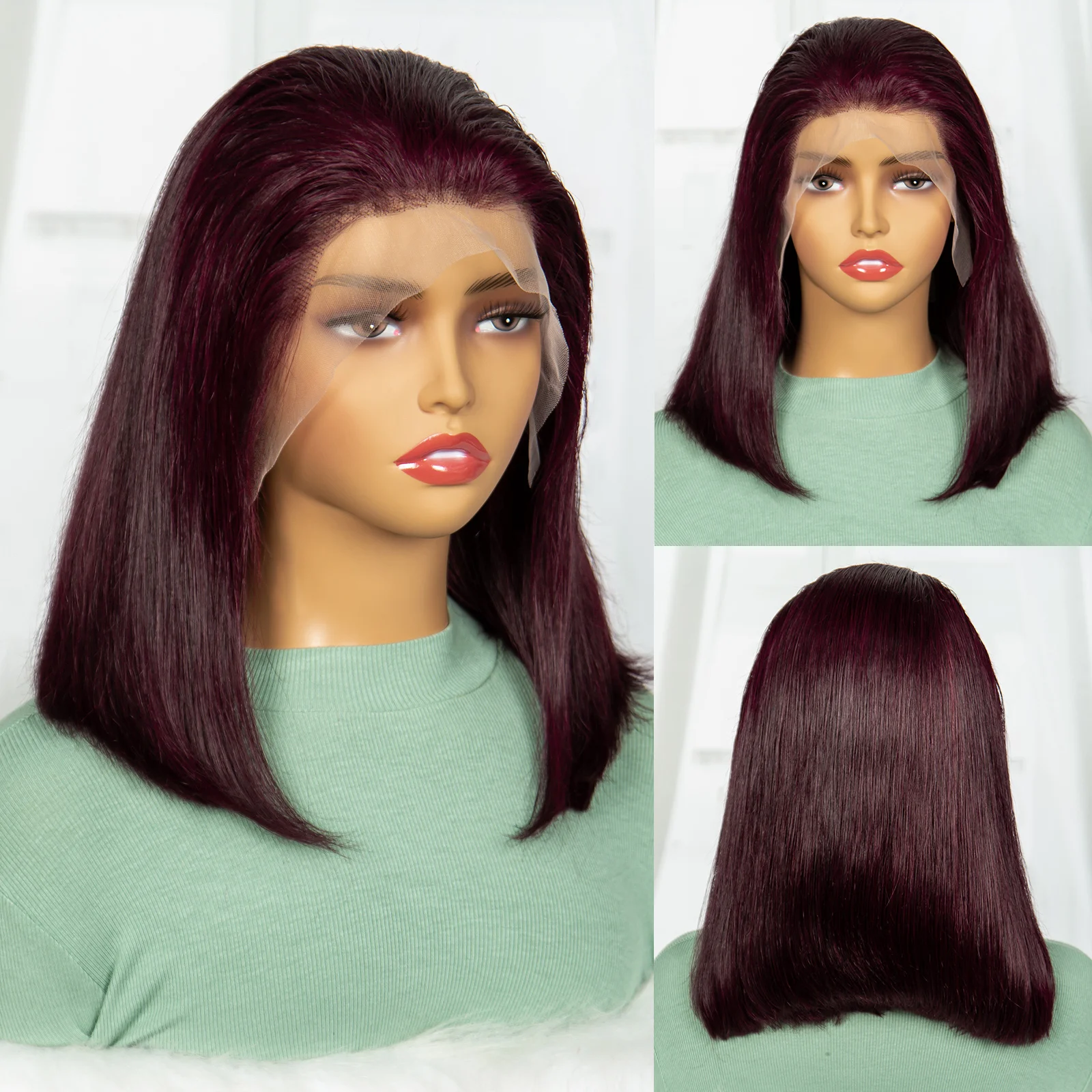 Perruque Bob Lace Front Wig naturelle lisse, cheveux humains, densité 200%, 12A, 13x4, 99J