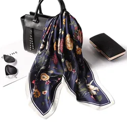 Elegant Floral Silk - Feel Scarf - Versatile Square Wrap (DEEP BLUE)