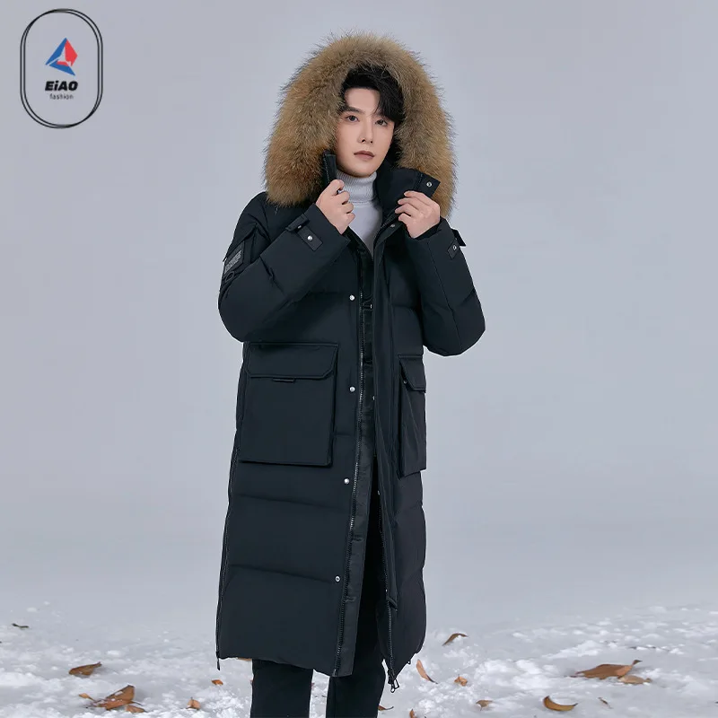EIAO Fashion Long Goose Down Jacket Men Women Winter 2025 High-end Quality Warm Big Fur Collar Hooded Down Coat Ski Puffer Parka