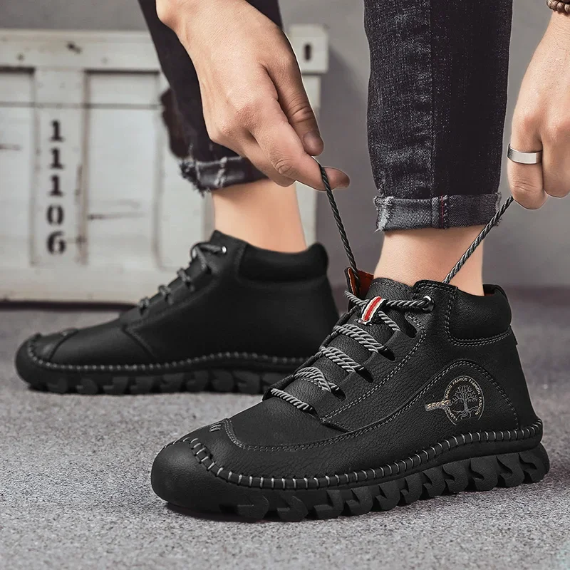 Outdoor Men Casual Men's Ankle Boots British Men Shoes Leather Motorcycle Boots Outdoor Trainers Riding Black