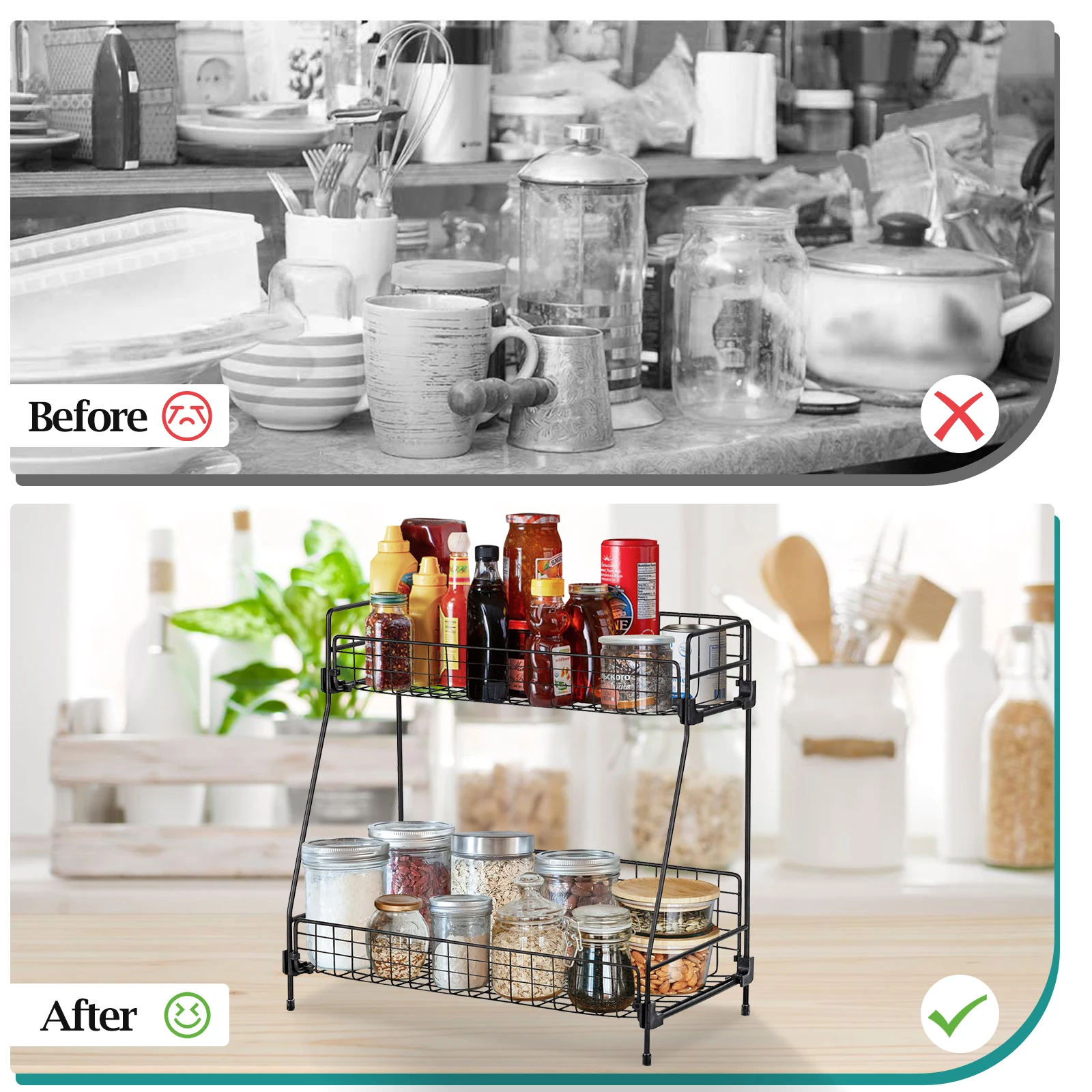 Standing 2 Tiers Spice Herb Jar Rack Holder Storage Organizer Counter Shelf Black: 3 - 5 Days Free Delivery Only UK