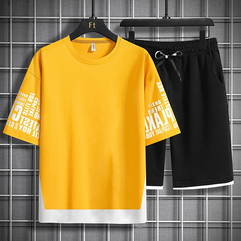 

2024 Casual Mens Set Round Neck Short Sleeve Cotton Tshirt and Shorts Fashion Two Piece Set Male Trendy Streetwear Sports Suit