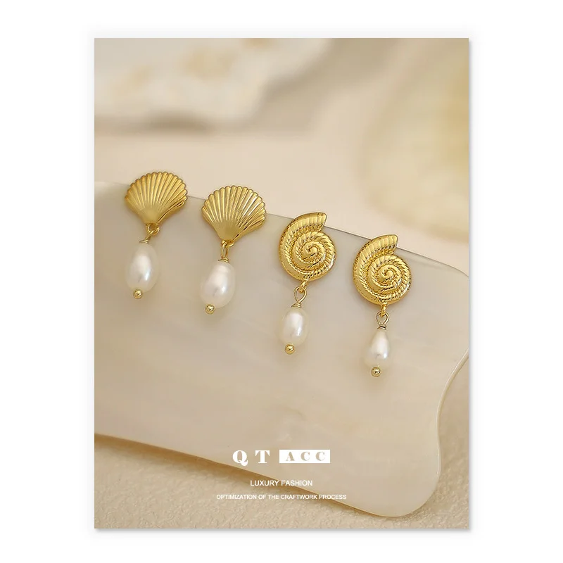 

Brass plated 18K genuine gold ins French fashion summer seaside resort style natural pearl earrings