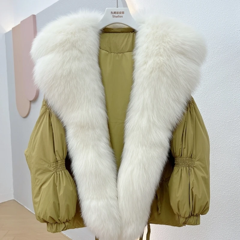 

Hot Sales 2023 Winter Short Loose Placket High-End Fox Fur Big Fur Collar Navy Collar White Duck Down Down Jacket Women's Coat