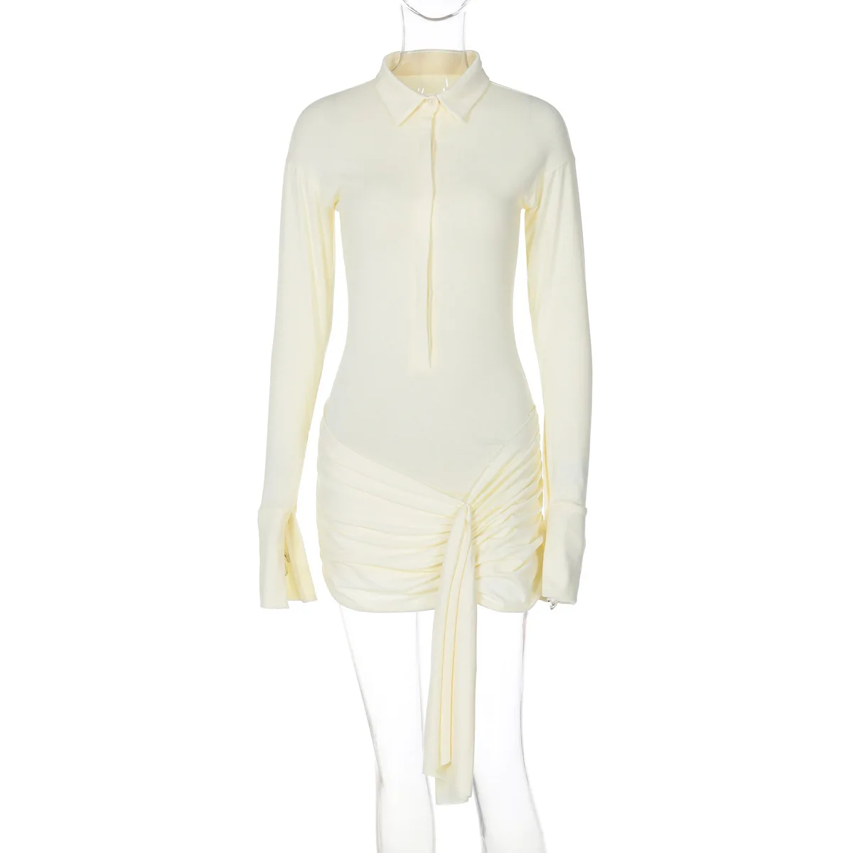Fashion Sexy See-Through MIni Dress For Women Lapel Pleated See-Through Bandage High Waist Dress Female Solid Mini Dress