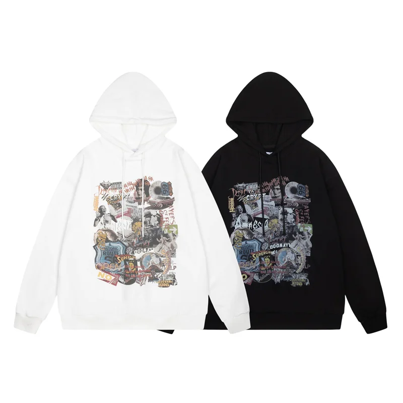 

Black White Grailz Wash Hoodie Men Women Pictorial Print Hooded Sweatshirt Hip Hop Style Top