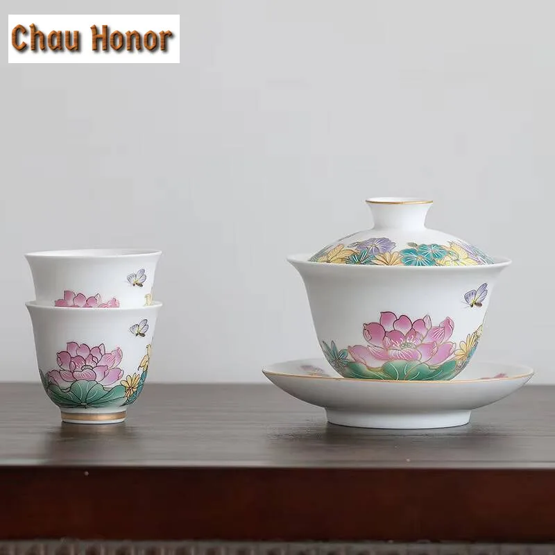 140ml Hand Painted Lotus Art Tea Tureen Mutton Fat Jade Porcelain Covered Bowl Blue And White Tea Making Gaiwan Kung Fu Teaset