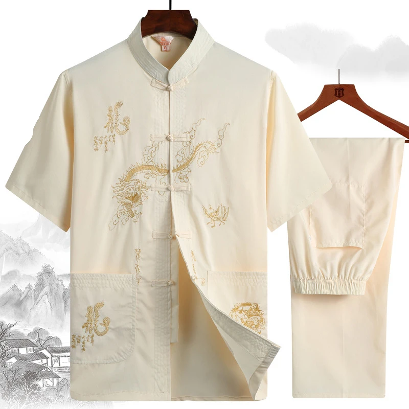 

Casual Embroidery Dragon Tops Suit Cotton Men Tang Suit Chinese Traditional Hanfu Clothing Kung Fu Shirt&Pants With Pocket