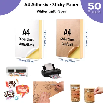 A4 Dark Matte Sticker Paper 50 Sheets Self-Adhesive Labels for Laser/Inkjet Printer DIY Craft Gift Packaging Office Home Decor