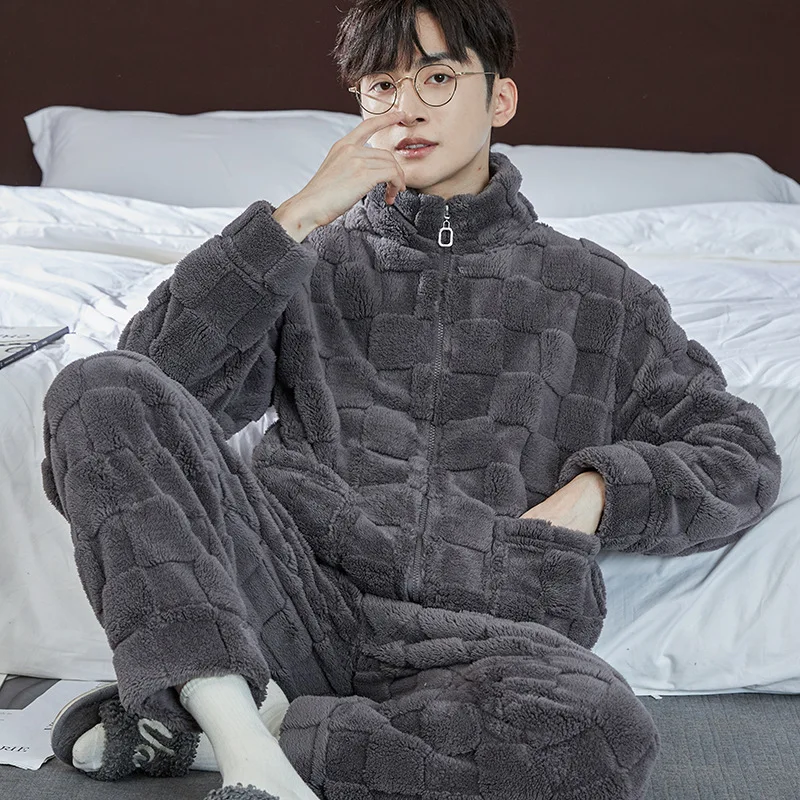 Sleepwear Pyjamas Autumn Winter Men Pajamas Sets Zipper Long Sleeve Warm Flannel Loungewear Sets Thick Korean Fashion Clothing