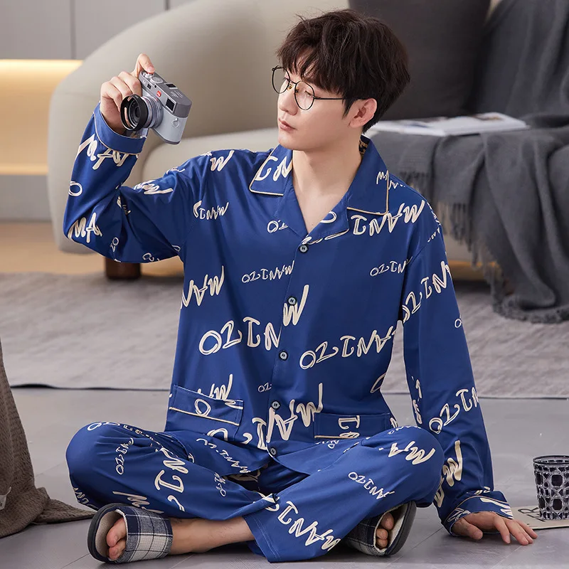 Spring Autumn Men's Knitted Cotton Pajamas Checkered Stripes Lapel Long Sleeve Cardigan Casual Loose Oversized Home Clothing Set