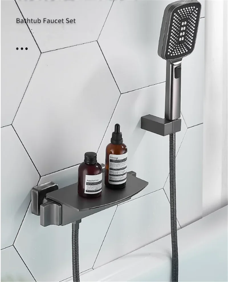 Description Picture 5 of itemGray Bathtub Shower Set Wall Mounted Black Bathtub Faucet, Bathroom Cold and Hot White Bath and Mixer Taps Brass