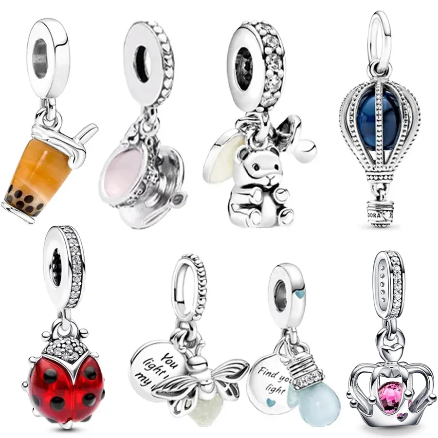 

NEW 925 Sterling Silver Firefly Balloon Bubble Tea & Teddy Dangle Bear Charm Bead Fit Original Bracelet DIY Jewelry Gift