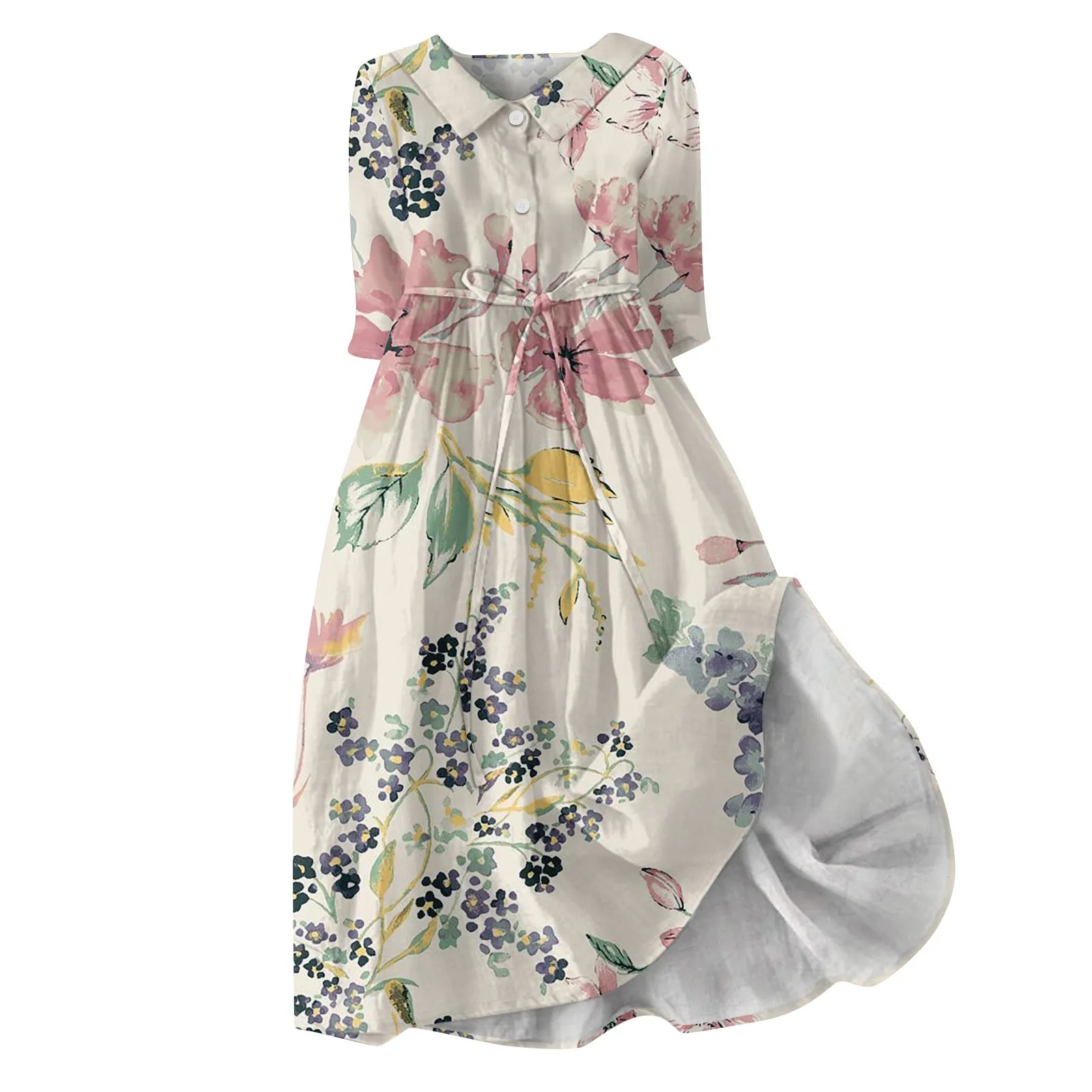 

Женское ретро платье с цветочным принтом, пуговицами и рукавом три четверти