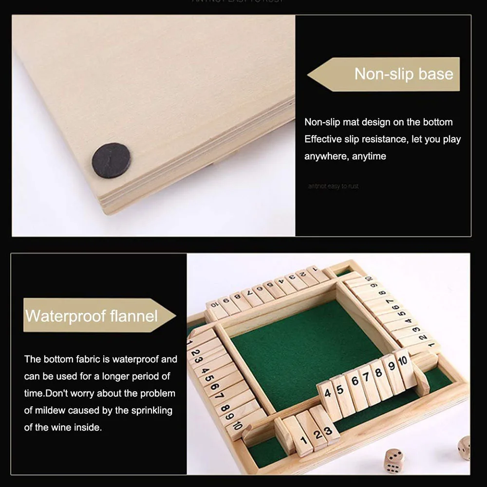 Board Games Shut The Box Dice Game Classic 4 Sided Wooden Board Game Flip 10 Numbers Classic Tabletop Party Entertainment Games
