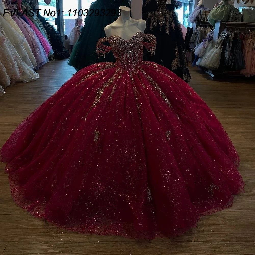EVLAST Glitter Red Ball Gown Quinceanera Dress Gold Applique Beading Birthday Sweet 16 Vestidos De 15 Anos E1Q646