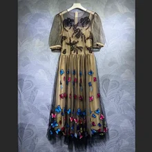 

Luxury Designer 2022 Boho Style Short Sleeve Flower Embroidery lace Dresses for Women clothing High-End sheer mesh Woman Dress