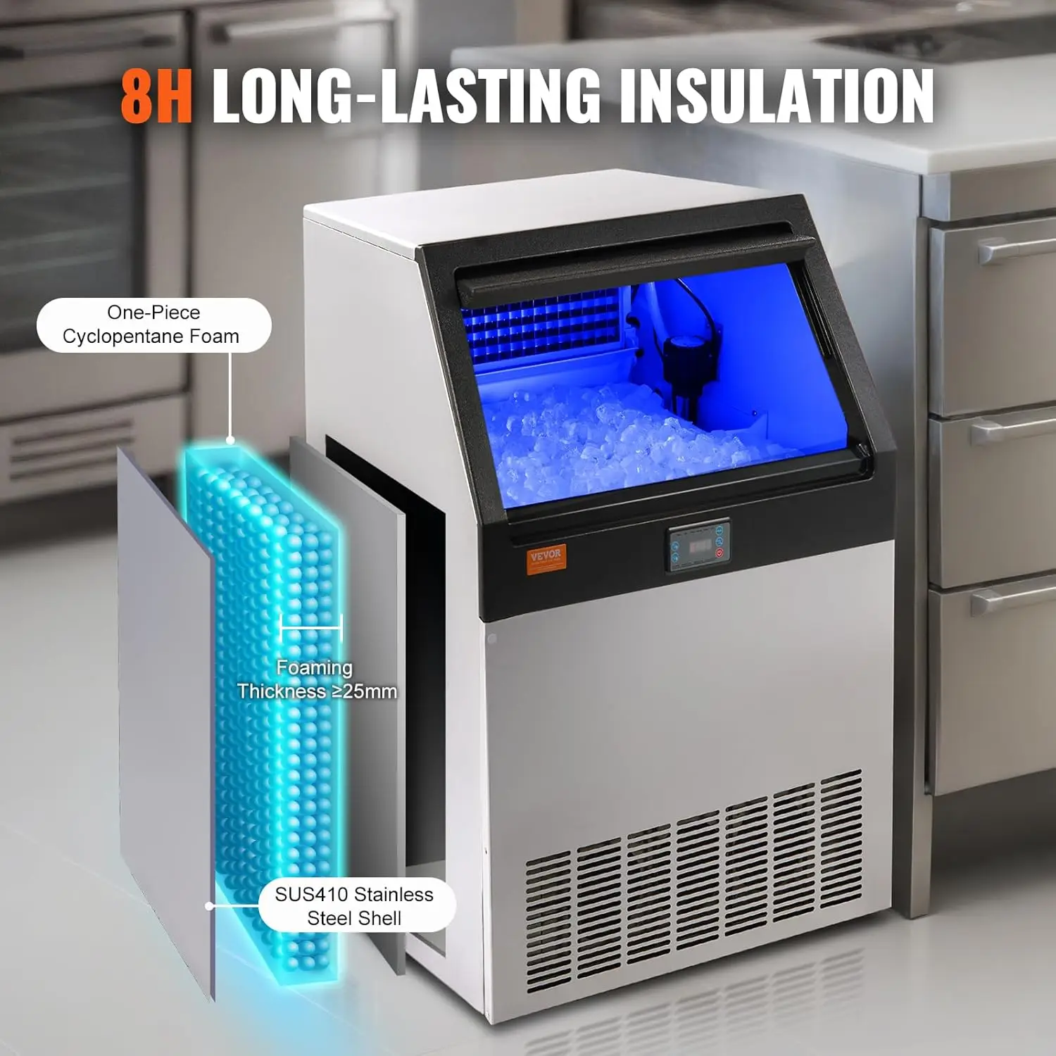 Commercial Ice Maker Machine 200LBS/24H, 710W Stainless Steel Ice Machine with 55LBS Storage Capacity, 90 Ice Cubes Ready 4