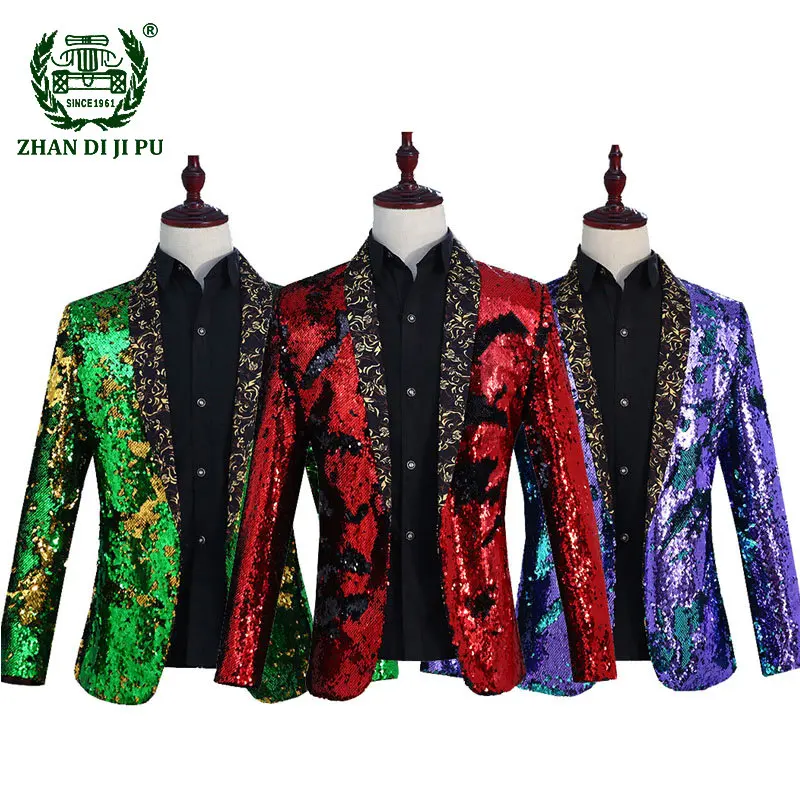 

Shiny Green Sequins Bling Blazer Men Glitter Flower Lapel 2 Color Conversion Blazers Mens Nightclub Stage Singers Custmes Homme