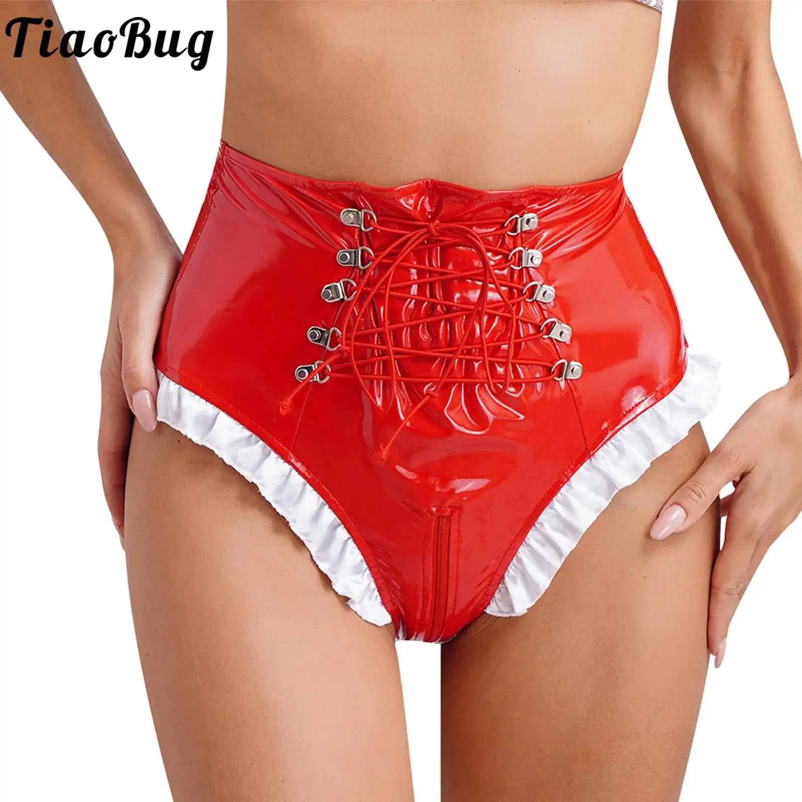 

Womens Patent Leather Frilly Maid Knickers Briefs Shorts High Waist Lace-up Zipper Crotch Underwear Sexy Lingerie Rave Nightclub