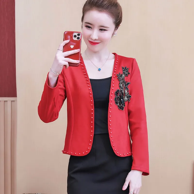 XXXXL Women Fashion Office Wear Basic Black Blazer Coat Vintage Beading Long Sleeve Business Female Outerwear Chic Tops Party