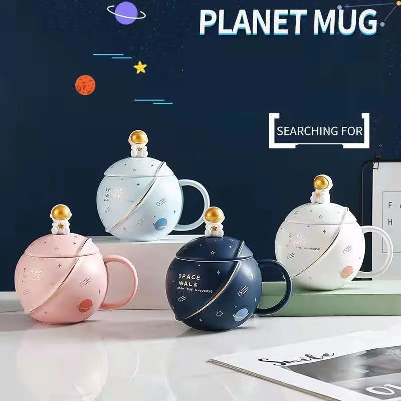 

400ml Creative Planet Ceramic Mug with Lid Spoon Coffee Cup Water Cup Couple Cup Milk Cup Breakfast Cup Christmas Gift Cup
