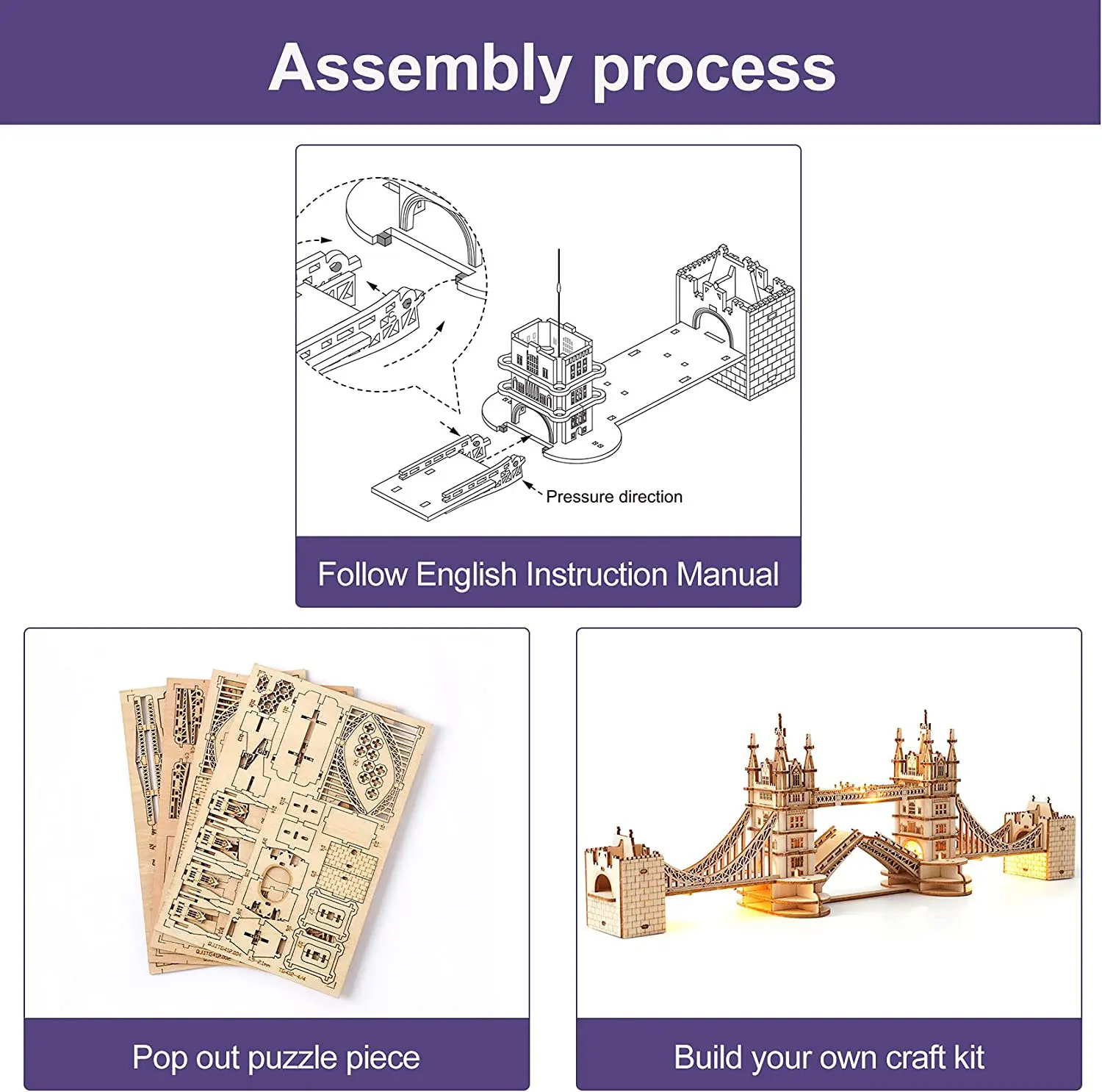 3D Puzzle Wooden Craft Kits with LED Light DIY Tower Bridge Big Ben Construction Model Kit to Build for Adults Brain Teaser Puzz 6