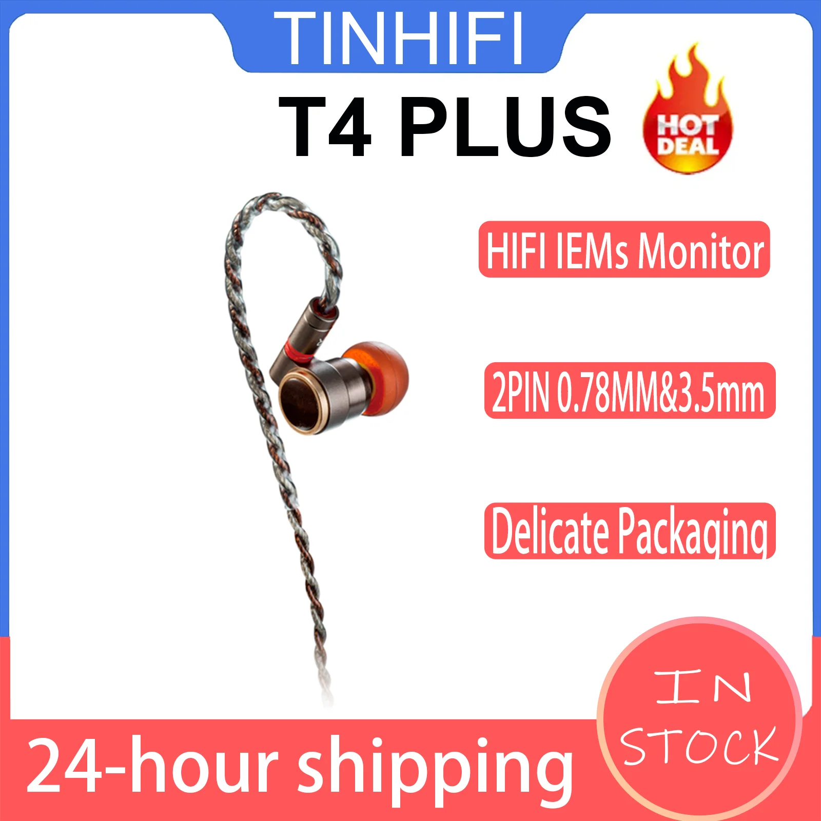 

TinHiFi T4 Plus HiFi IEMs in Ear Wired Monitors Earphones 3.5mm Connector 10mm Dynamic Driver with 0.78mm 2pin Detachable Cable