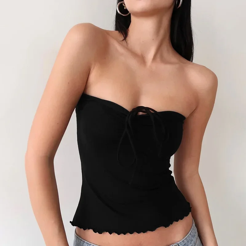 Top de una pieza informal corto con dobladillo enrollado para mujer, moda de verano, top bandeau de color liso, top sexy con cuello de encaje y sin mangas.