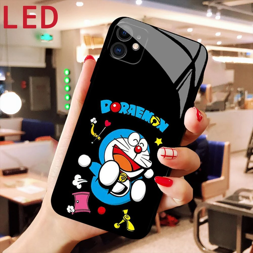 Doraemon animation LED Luminous Glass phone Case For IPhone 13 12 11 Pro Max Mini X XS  Max 7plus 6 6S cover cool iphone 12 mini cases