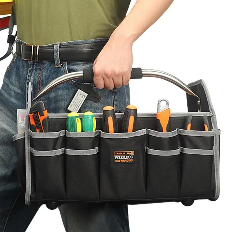 Open Top Tool Tote Bag Foldable Electrical Tool Bag Water-Resistant with Adjustable Shoulder Strap Reinforced Storage Pouch