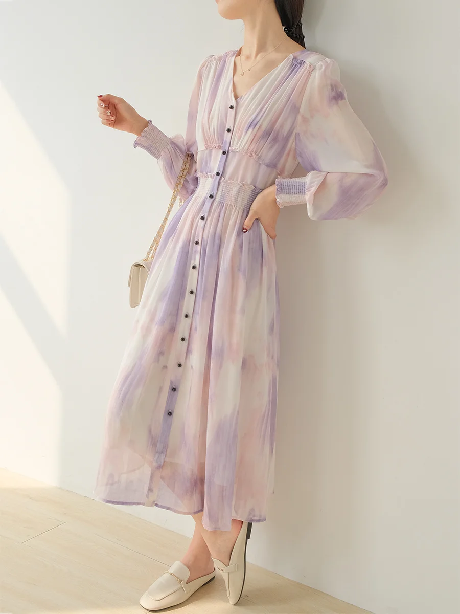 

Printed dress Women's spring V-neck chiffon tie-dye long dress elegant French tea break dress