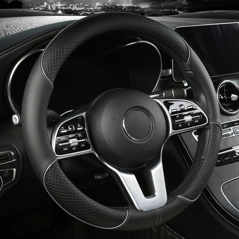All Seasons Leather Diamond Steering Wheel Cover Universal Fit for 14.5-15 Inch Durable Leather Cover Anti-Slip Veins Design