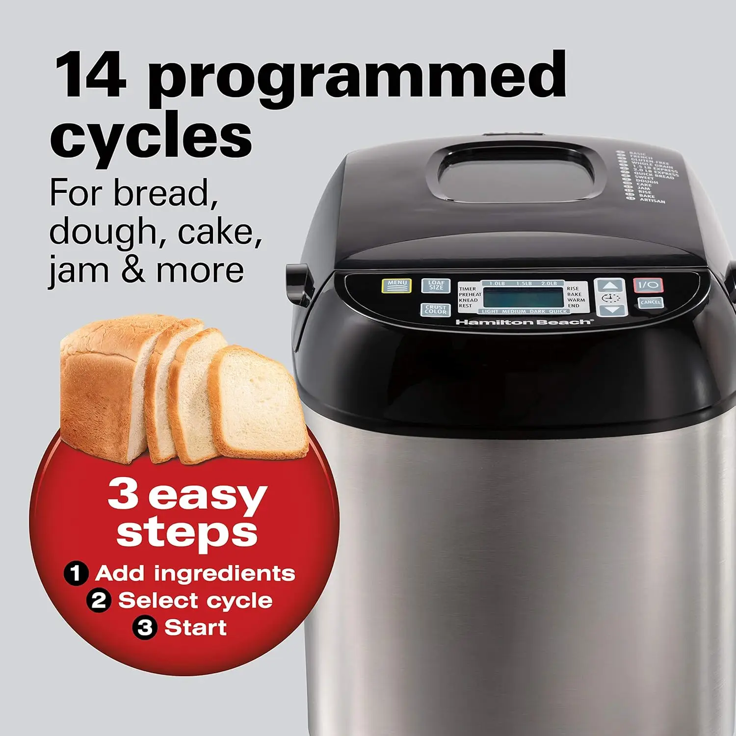 Beach Digital Electric Bread Maker Machine Artisan and Gluten-Free, 2 lbs Capacity, 14 Settings, Black and Stainless Steel 6