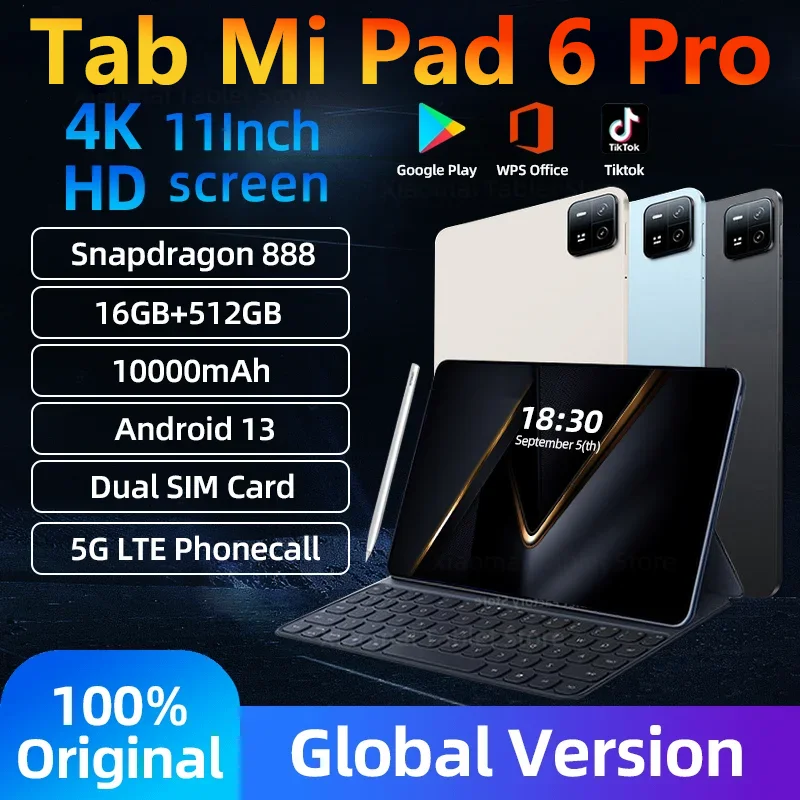 2024 오리지널 글로벌 버전 패드 6 프로 태블릿 PC, 스냅드래곤 888 태블릿, 안드로이드 13, 16GB, 1024GB, 5G 듀얼 SIM 카드, 와이파이 HD 4K 탭