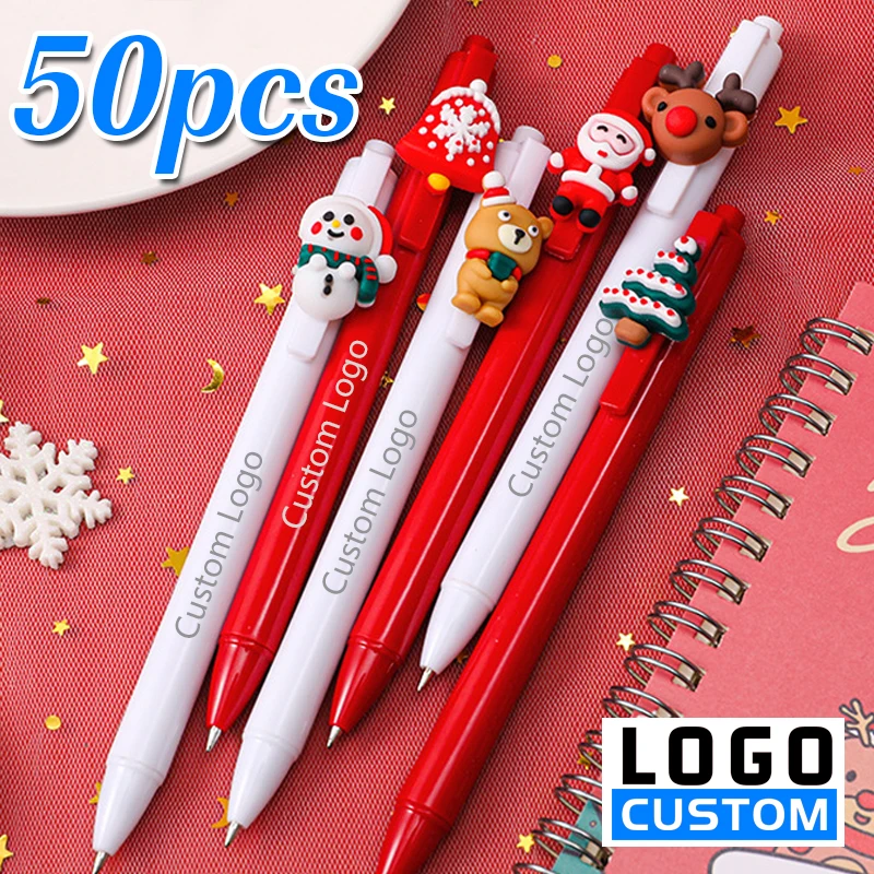 50pcs Christmas Plastic Ball Point Pen Custom Logo Christmas Gift Pen Office Signature Pen Wholesale Lettering Engraved Name