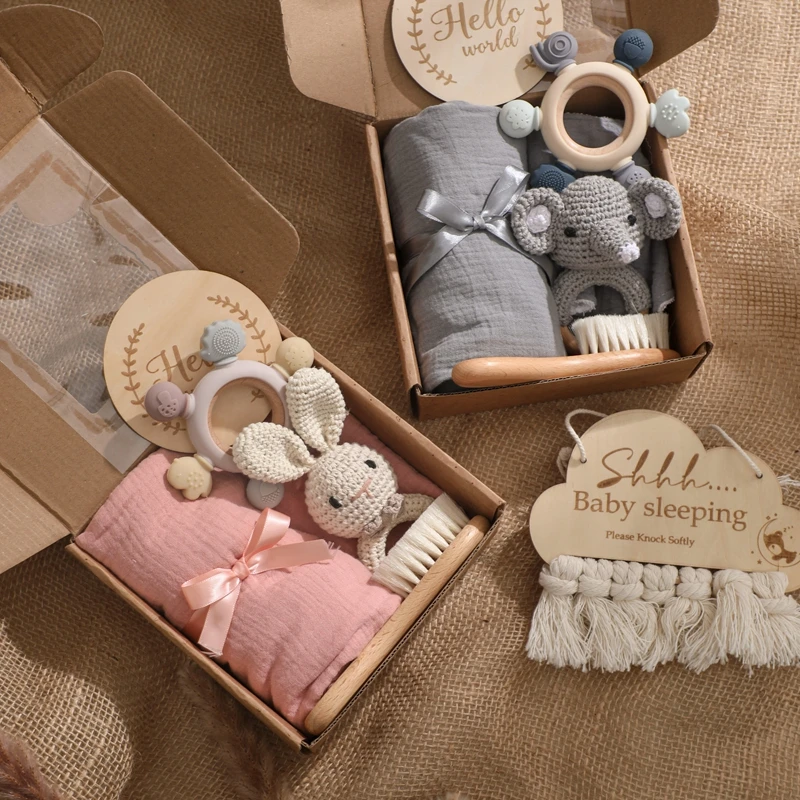 Baby Bath Set Kid Towel Cotton Blanket Bath Toy Baby Silicone Teether Rattle Baby Milestone Photography Supplies Baby Birth Gift