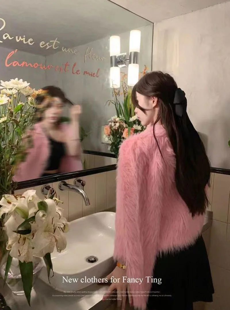 Cropped White Knitted Cardigan Women Korean Mink Cashmere Sweater Outerwear Black Long Sleeve Knitwear Winter Jumpers New