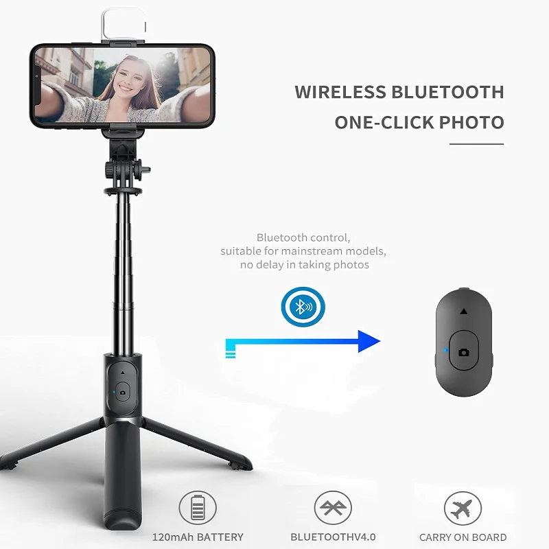 Phone Selfie Stick 1045mm with Wireless Bluetooth LED Fill Light Extended Tripod with Remote Shutter for Android IOS Cellphone