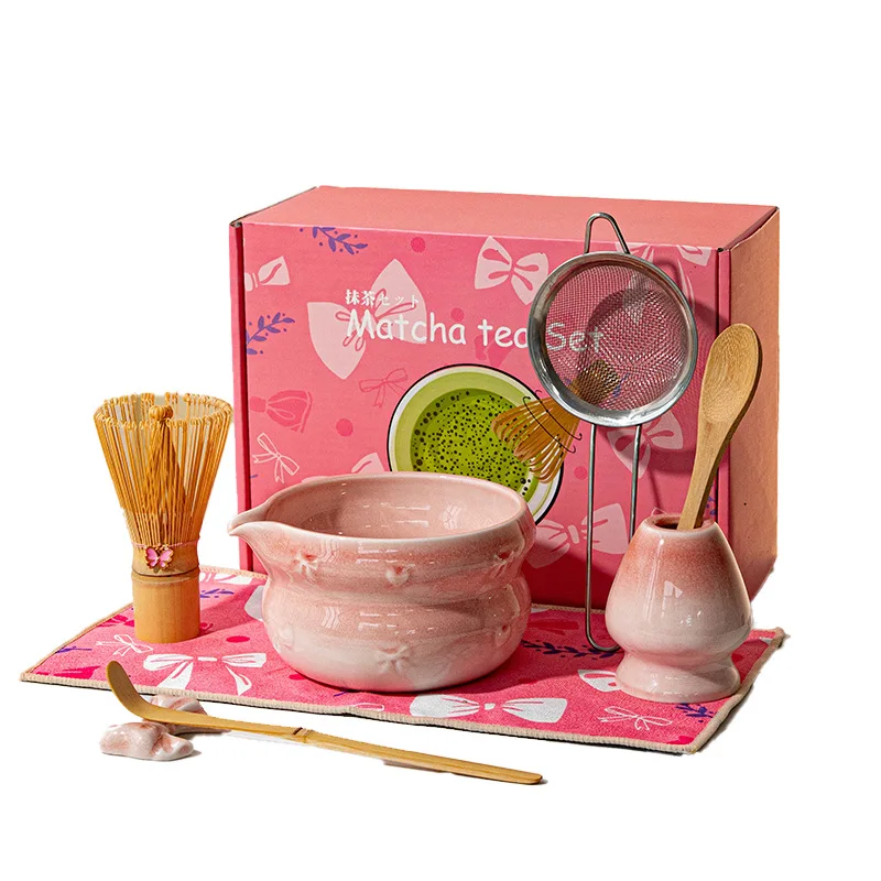 5/8-teiliges Set für ein Zeremonien-Teeservice, bestehend aus Schneebesen, Keramikschale, Matcha-Löffel und -Sieb._voghion.com