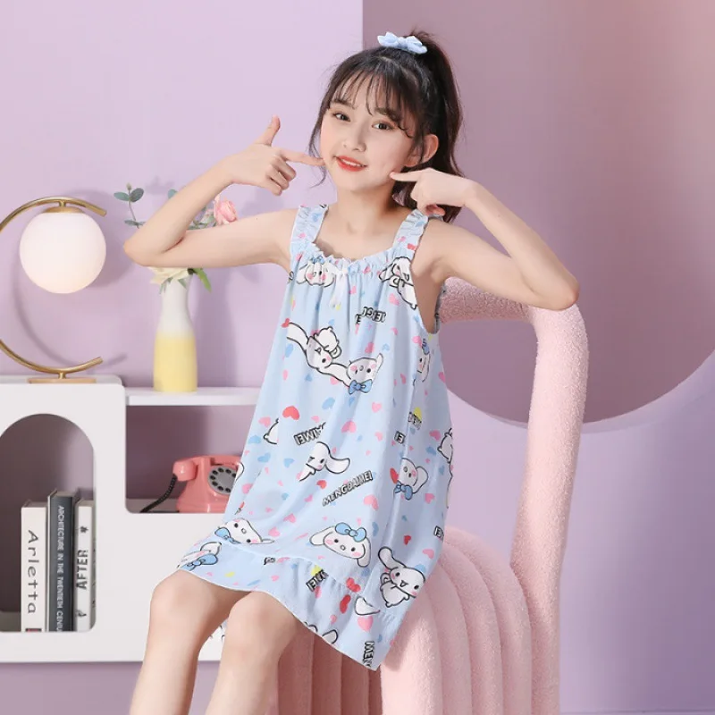 

Sanrios Cinnamorolls Girls' Nightdress Summer Thin Children's Day Sleepdress Girls Princess Skirt Nightgown Cartoon Print Dress