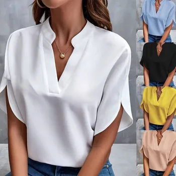 1pcs Woman New Summer Solid Color Shirts Lady Casual Short Sleeve V-neck Collar Loose Shirts Female Fashion Pullover Tops 1