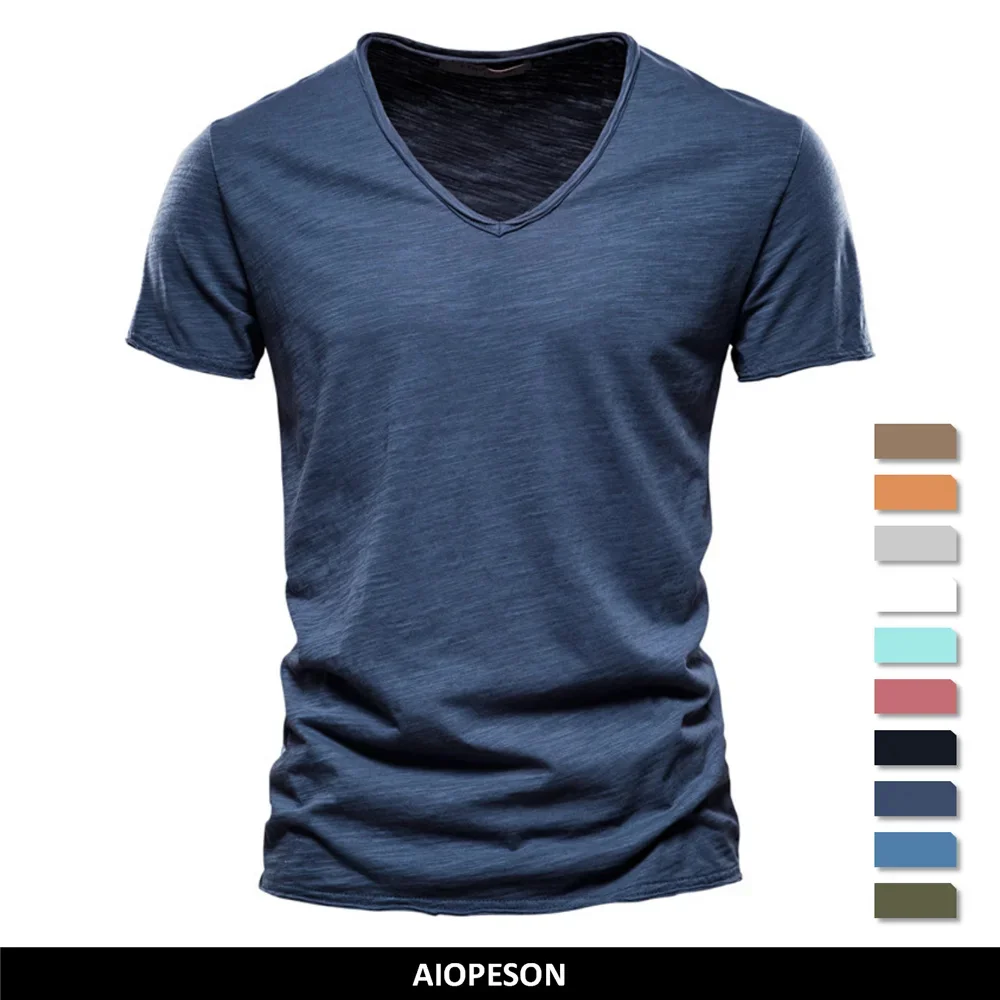 Brand Quality 100% Cotton Men T-shirt V-neck Fashion Design Slim Fit Soild Male Tops Tees Short Sleeve Best Sellers In Men's Clothing